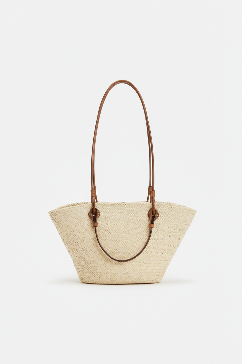 L&E + P&s I& medium leather-trimmed woven raffia tote