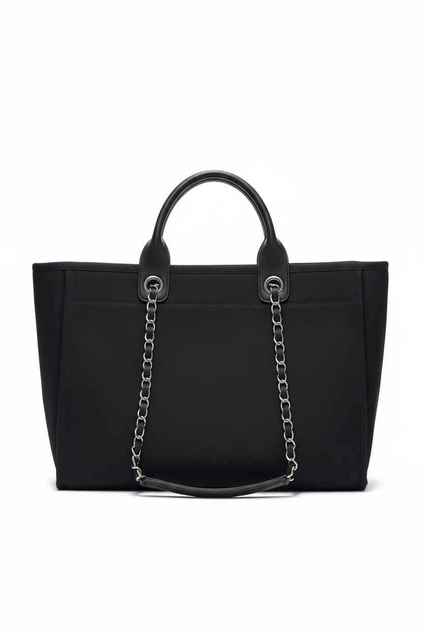 C&M& Natural Canvas and Black Leather Large Pearl Deauville Tote - 30x39x22cm