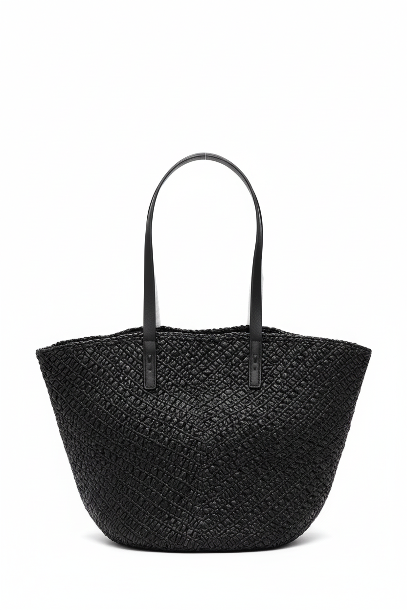 S& L&  PANIER MEDIUM IN RAFFIA AND VEGETABLE-BLACK LEATHER